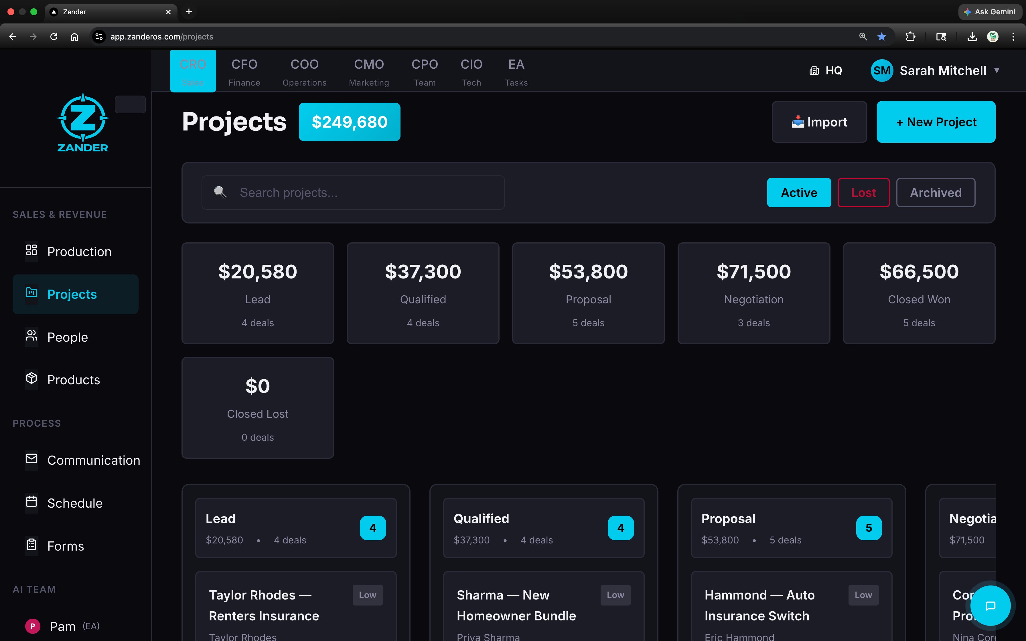 Your $250K pipeline — drag deals between stages as they progress